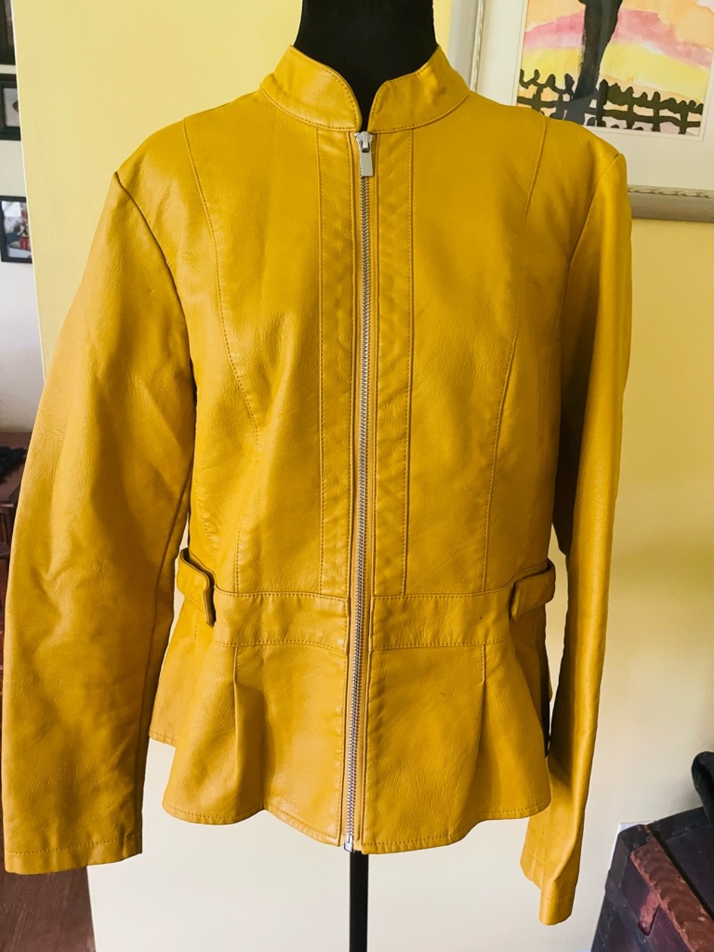 Baccini Mustard Yellow Peplum faux Leather Zip Jacket